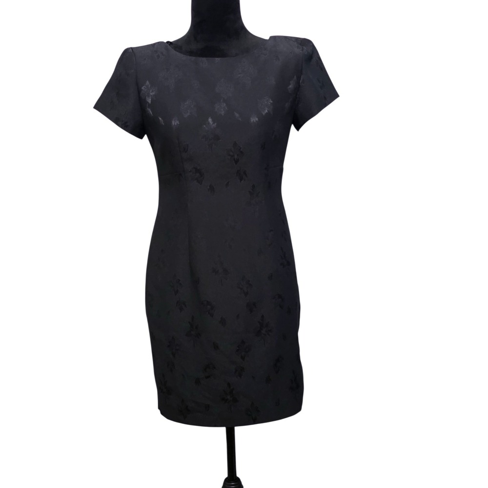 Vintage John Roberts Petite Black Floral Jacquard Sheath Dress Short‎ Sleeve 4p
